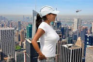 giantess collage city brunette ponytail skyscrapers baseball_cap