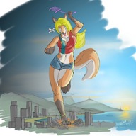 drawing giantess furry anthro city mega blonde color destruction barefoot ocean buildings canine airplane running mountains boats thighs fox_girl ankle_bracelet necklace aircraft chasing bare_legs bare_midriff scream_(artist) fly_swatter ali