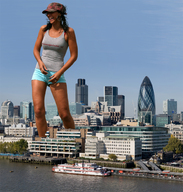 giantess collage city legs ear_ring river_boat baseball_cap