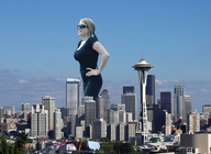giantess collage city blonde clothed ponytail seattle sunglasses hands_on_hips