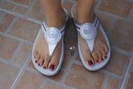giantess feet shrunken_men sandals looking_up red_nails between_feet fit_flops