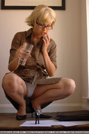 panties blonde high_heels glasses shrunken_men squatting legs teacher shrunken_man looking_down indoors crouching iga_wyrwal looking_at_tiny