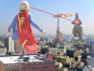 giantess collage city mega blonde godzilla wonderslug supergirl fighting tokyo tokyo_tower cape dc_comics laser_eyes