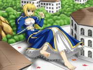 drawing giantess crush feet vore blonde color saber barefoot buildings saliva anime green_eyes blood dress foot_crush dangle houses cg17 fate/stay_night imminent_vore fate_(series) stomach_noises