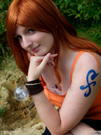 giantess nami one_piece cleavage red_hair shrunken_men cosplay looking_at_viewer blue_tattoo between_breasts