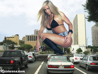 city blonde destruction traffic boots crouching looking_at_viewer kristanna_loken