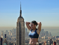 giantess collage city black_hair navel sky sunny new_york_city empire_state_building sports_wear