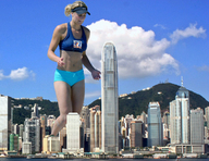 giantess collage city blonde looking_down skyscrapers clouds sky sunny sports_wear