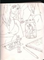 drawing monochrome handheld cleavage anime shrunken_men pen captured jar pets book trpped tabletop sports_bra skateboard