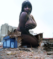 giantess collage nude black_hair large_breasts destruction dark_skin looking_at_viewer