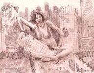 breasts drawing giantess nude city monochrome destruction rampage anime sitting people