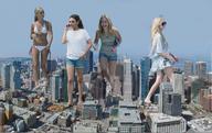 collage city blonde black_hair swimsuit destruction smiling legs sunglasses giantesses avril_lavigne sunny flip_flops ashley_tisdale hayden_panettiere mila_kunis