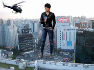 giantess collage city black_hair high_heels traffic helicopter jeans short_hair jacket dorota_gardias vogelfd microphone reporter