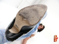 black_hair high_heels jeans shoes foot_pov shoe_sole point_of_view crush_feet