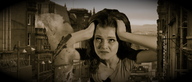 giantess collage city monochrome black_hair destruction hands_on_head