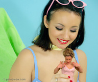 collage blonde black_hair handheld smiling shrunken_woman sunglasses captured red_nails