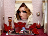 giantess blonde dollhouse looking_at_viewer furniture