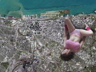 collage city mega black_hair ocean lying_down airplane coast top above_view