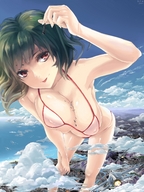 breasts drawing giantess giga city mega color swimsuit destruction handheld cleavage anime red_eyes huge_breasts breast_crush military high_angle green_hair hand burj_khalifa teasing jets cruel hand_crush sonnano between_breasts