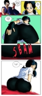 drawing comic black_hair color butt blue_eyes butt_crush dbz gloves shrunken_man dialogue dragonballz gohan videl