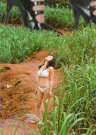 collage black_hair swimsuit high_heels asian shrunken_woman grass outdoors