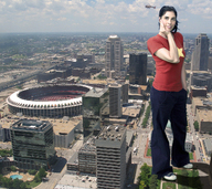 giantess collage city black_hair clothed helicopter jeans stadium celebrity sarah_silverman red_shirt trainers