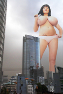 collage city mega black_hair huge_breasts low_angle skyscraper tattoo grey_clouds