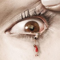 collage brown_eyes dress eye shrunken_woman shrunken_man close_up eye_lashes hanging_on