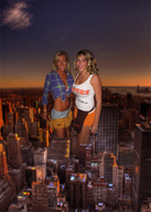 collage city mega blonde clothed smiling skyscraper sunset looking_at_viewer