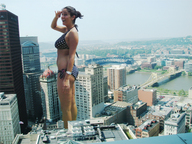 giantess collage city black_hair swimsuit bridge stadium