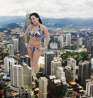 giantess collage city black_hair large_breasts swimsuit smiling skyscraper clouds hands_on_hips