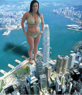 breasts giantess collage city black_hair swimsuit water sandals standing
