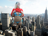collage city mega blonde large_breasts swimsuit cleavage clouds undressing new_york_city empire_state_building hairband navel_ring