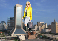 giantess collage city blonde clothed skirt sunglasses sky sunny bag yellow_jacket