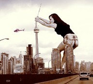 collage city mega monochrome black_hair destruction helicopter shorts crlvr black_top toronto cn_tower
