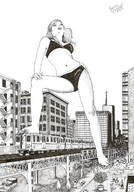 drawing giantess crush feet city monochrome swimsuit destruction barefoot anime train people vehicles