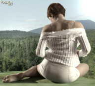 giantess collage clothed barefoot brunette short_hair sitting spawngts trees behind_view