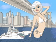 breasts drawing giantess white_hair city mega color swimsuit bridge blue_eyes cleavage water wet ginormica short_hair unknown_artist river boats monsters_vs_aliens new_york_city brooklyn_bridge bridges susan_murphy dreamworks