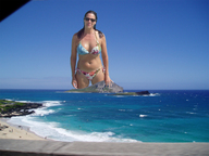 collage mega black_hair swimsuit beach ocean island sunglasses coast sky sunny looking_at_viewer wet_hair