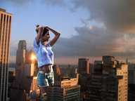 giantess collage city brunette belly shorts looking_down skyscraper tattoo sunset white_blouse onibackus