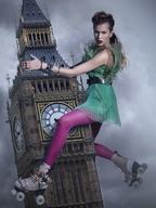 giantess collage clothed looking_at_viewer clock_tower roller_skates hanging_on big_ben grey_clouds climging_tower