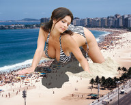 breasts giantess collage large_breasts swimsuit beach cleavage brunette crawling denise_milani tolik bystanders