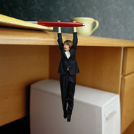 collage clothed brunette office shrunken_woman pen business_woman hanging_on
