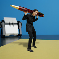 collage black_hair clothed asian office shrunken_woman pen business_woman table_top carrying