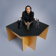 collage black_hair asian shrunken_men office shrunken_woman desk business_men looking_at_viewer megaphone business_women