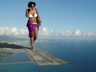 collage mega black_hair ocean legs walking sunglasses dark_skin clouds sky sunny bag bikini_top runway