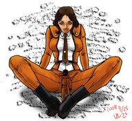 drawing giantess color brunette smiling boots shrunken_men sitting uniform tie looking_down belt jumpsuit looking_at_tiny