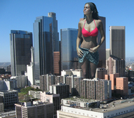 giantess collage city black_hair skyscrapers sky sunny bikini_top hairband