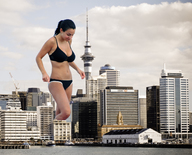 giantess collage city water brunette looking_down boats observation_tower