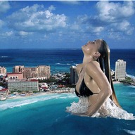 giantess collage city swimsuit water ocean wet brunette skyline swimming diving dripping closed_eyes sideboob wet_hair